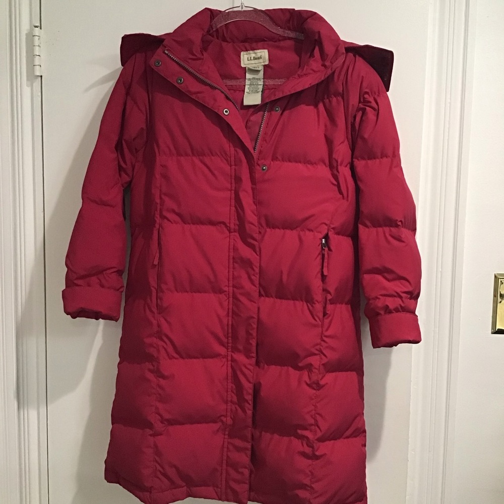 LL Bean Fuchsia Goose Down Coat with Faux Fur Trim Hood Sz. XS